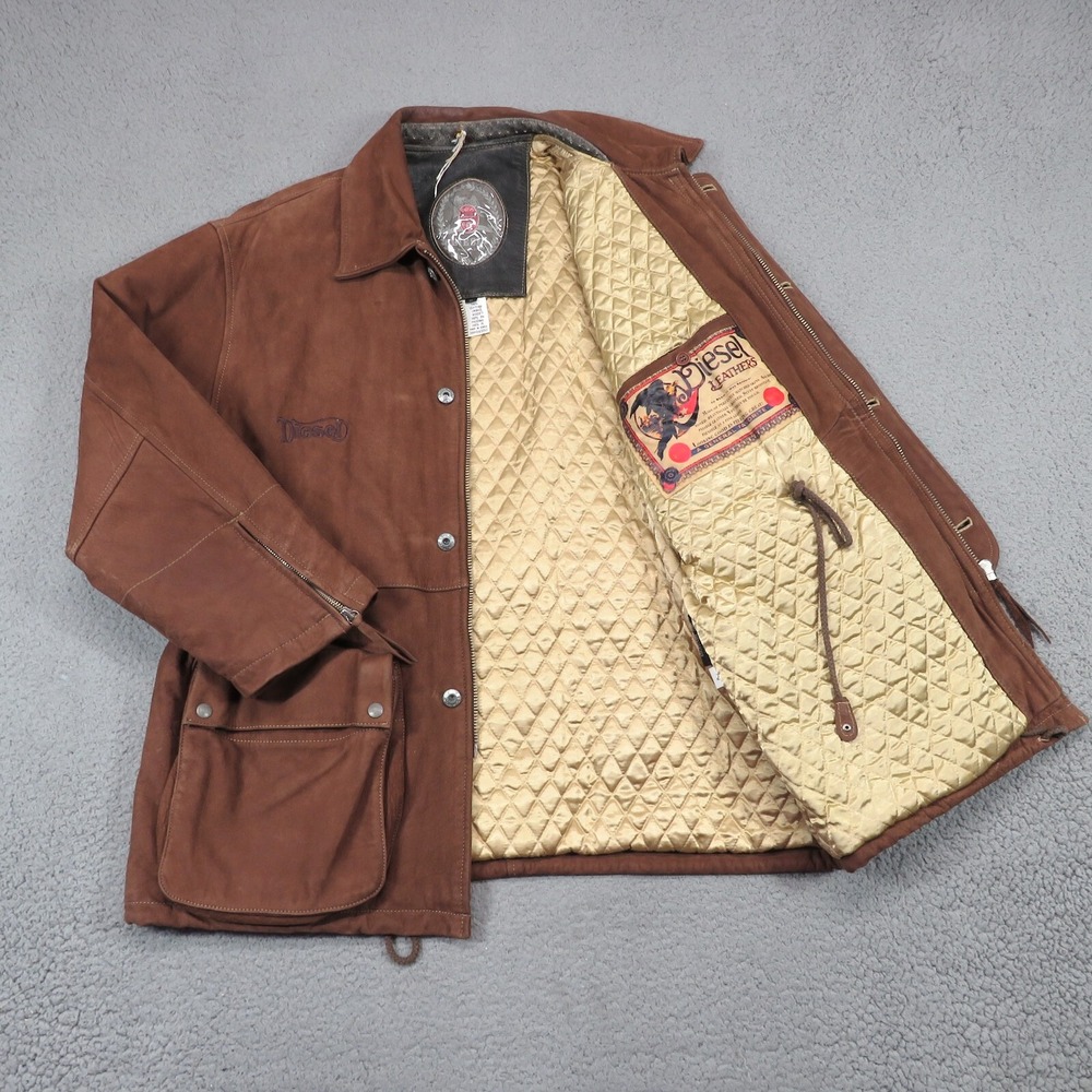 Diesel Leather Jacket Mens Large Brown Suede Quilted Liner Flight Military Moto